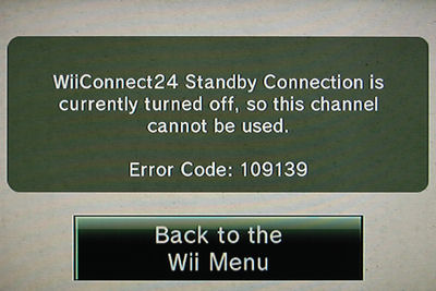 Wii News Channel Photo of Error Message: WiiConnect24 Standby Connection is currently turned off, so this channel cannot be used. Error Code: 109139